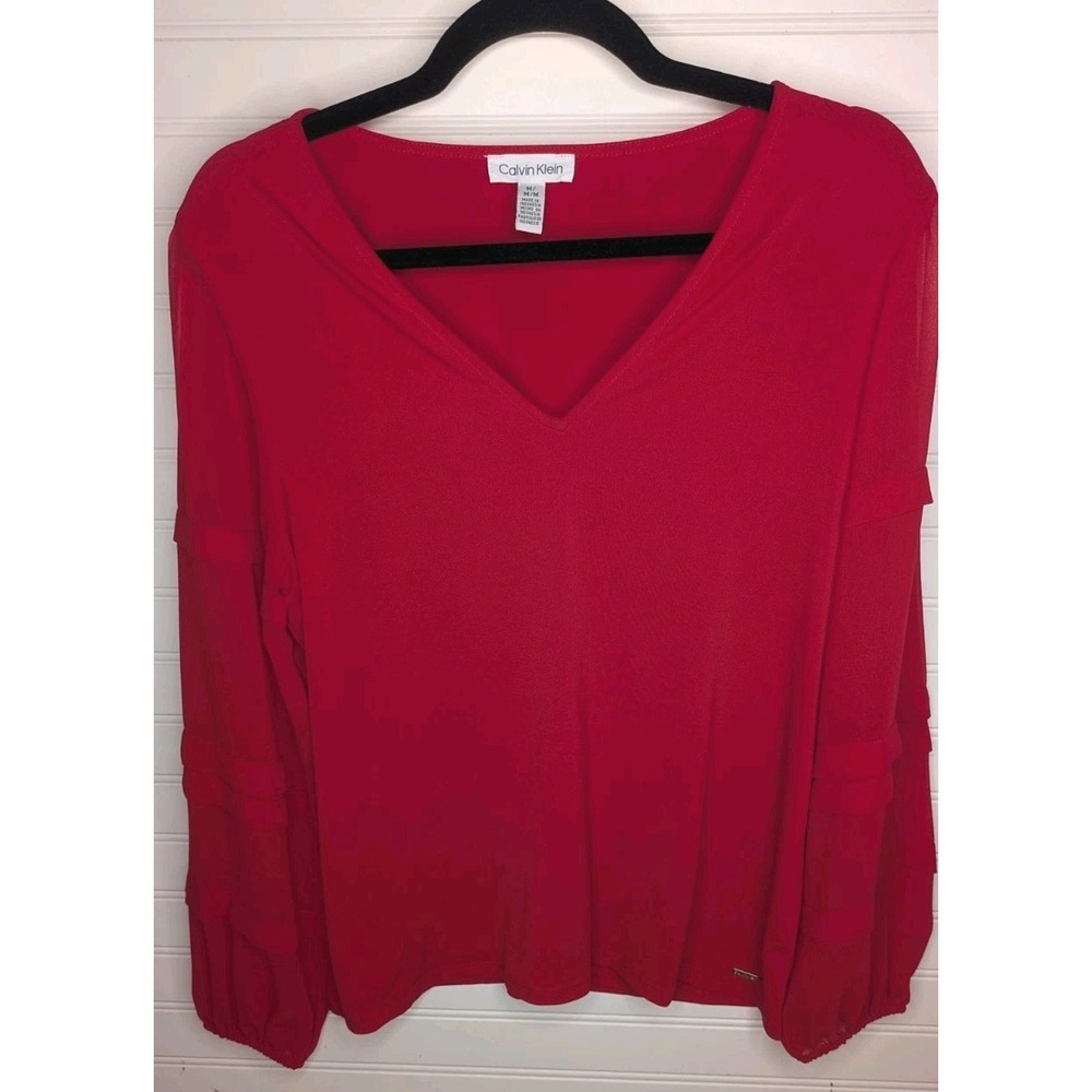 Calvin Klein Women's Long Sleeve‎ Top Medium Mesh Sleeves Solid Red Lightweight